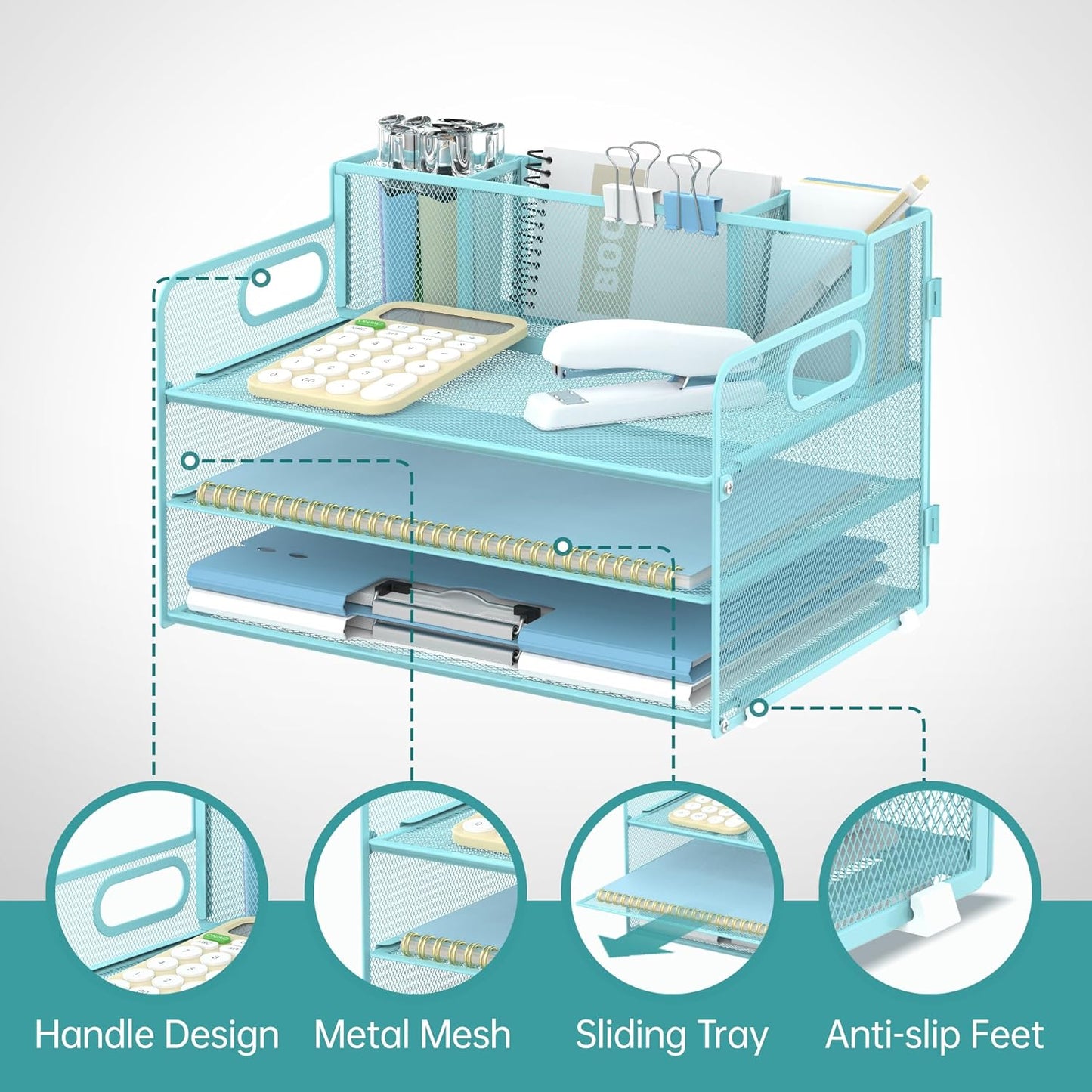 SUPEASY 3 Tier Desk Organizer with Handle & 3 Pen Holders, Mesh Paper/File Organizer for Desk, Paper Letter Tray Organizer for Office Supplies (Light Blue)