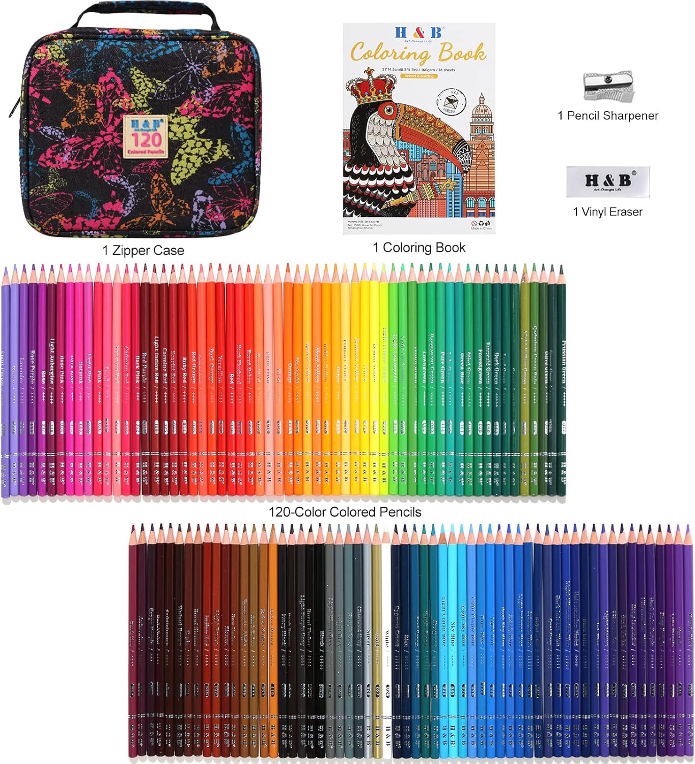 H & B 120-Color Colored Pencils Set with Coloring Book, Eraser, and Sharpener - Perfect for Drawing and Coloring - Soft Oil-Based Cores Ideal for Adults, Kids, and Beginners