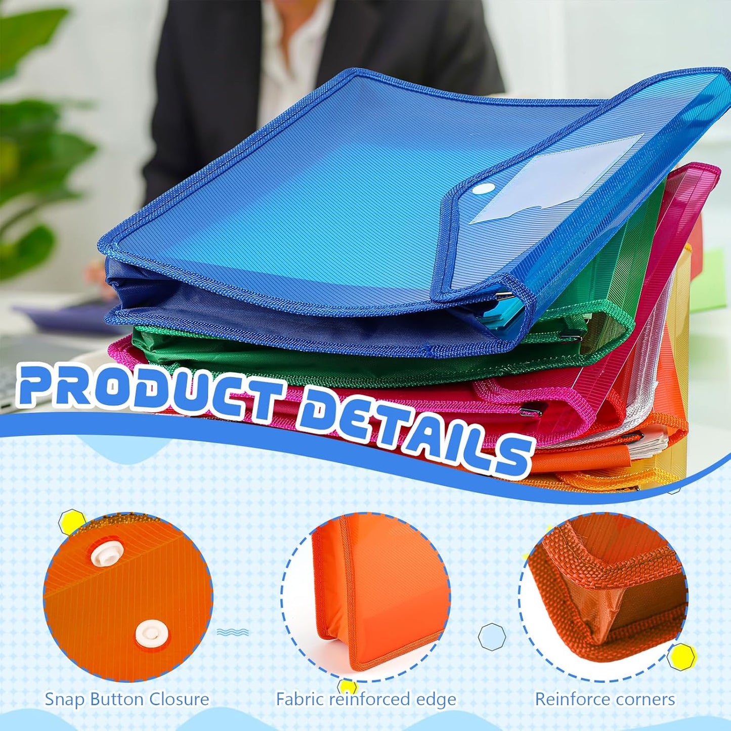 4 Pack A4 Expanding Plastic File Folders Waterproof Document Organizer with Snap Button Multiple Pockets, Office Home Office Storage (Orange)