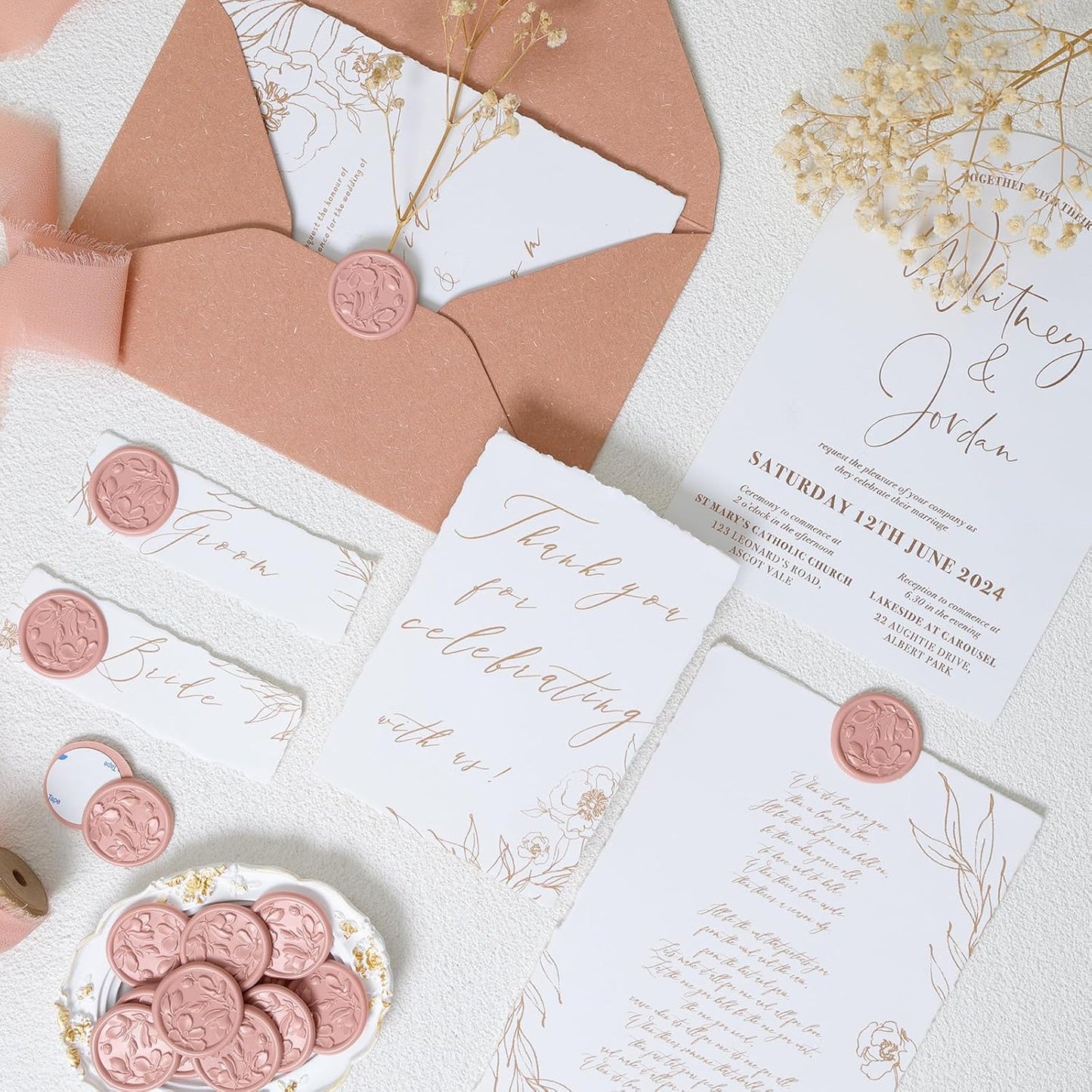 UNIQOOO Wax Seal Stickers - 3D Magnolia Wedding Invitation Envelope Botanical Seal Stickers, 50 Pcs Self- Adhesive Dusty Rose Stickers, Perfect for Invitation, Christmas, Gift Wrapping, Party