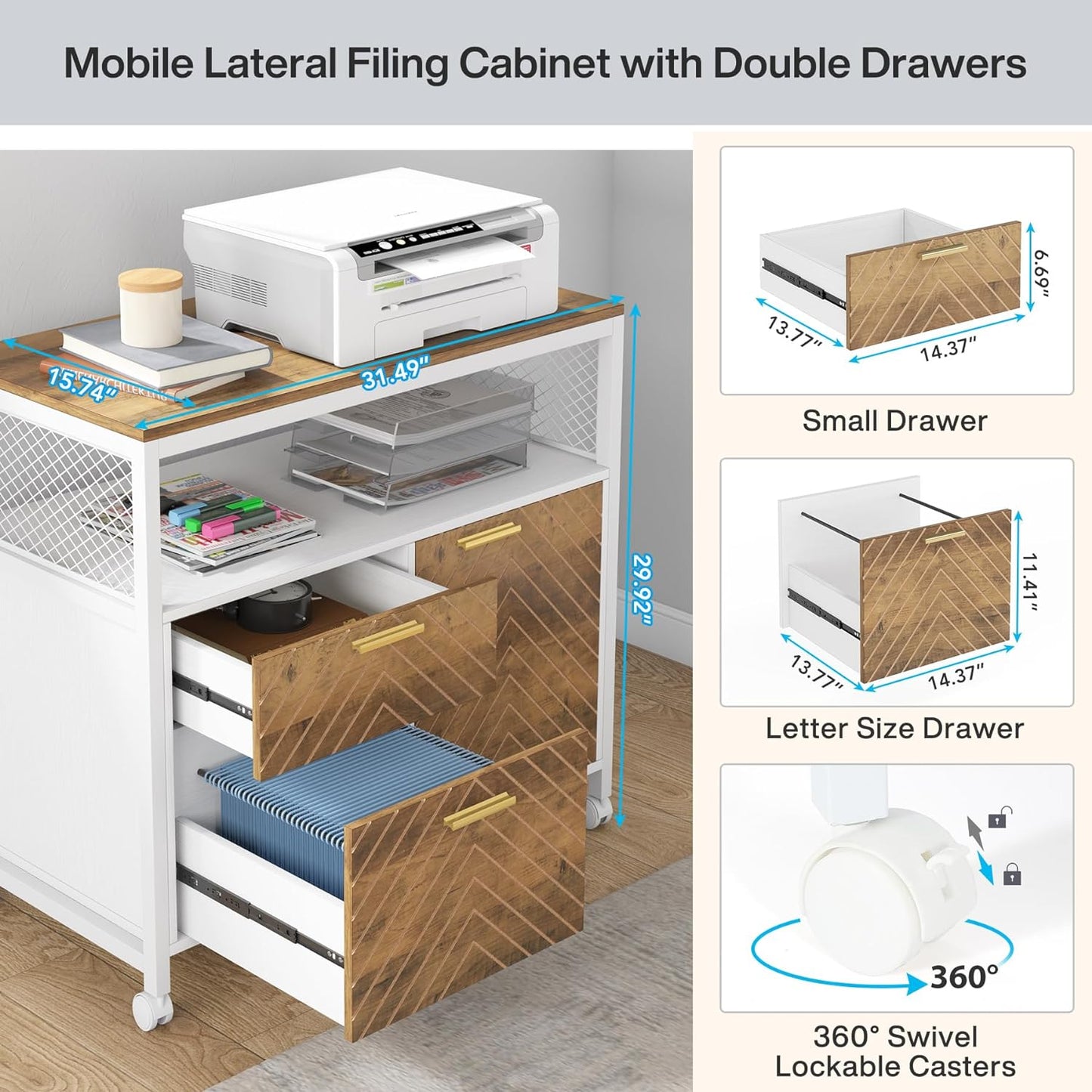 Tribesigns Modern File Cabinet with Drawers for Letter-Sized File and Door, lateral Filing Cabinet Printer Stand with Storage Shelves and with Rolling Caster for Home Office