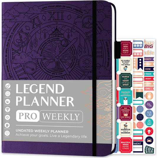 Legend Planner PRO – Deluxe Weekly & Monthly Life Planner to Increase Productivity and Hit Your Goals. Time Management Organizer Notebook – Undated – 7 x 10" Hardcover + Stickers – Dark Purple