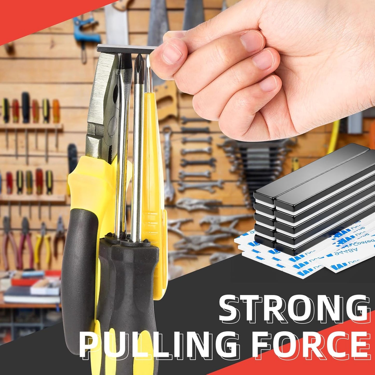 Grtard 12 Pack Neodymium Magnets Bar, Super Strong Rare Earth Magnets Bar, Powerful Magnets Bar with Double-Sided Adhesive for Fridge, Garage, Kitchen, Science, Craft, Office, DIY - 60 x 10 x 3 mm