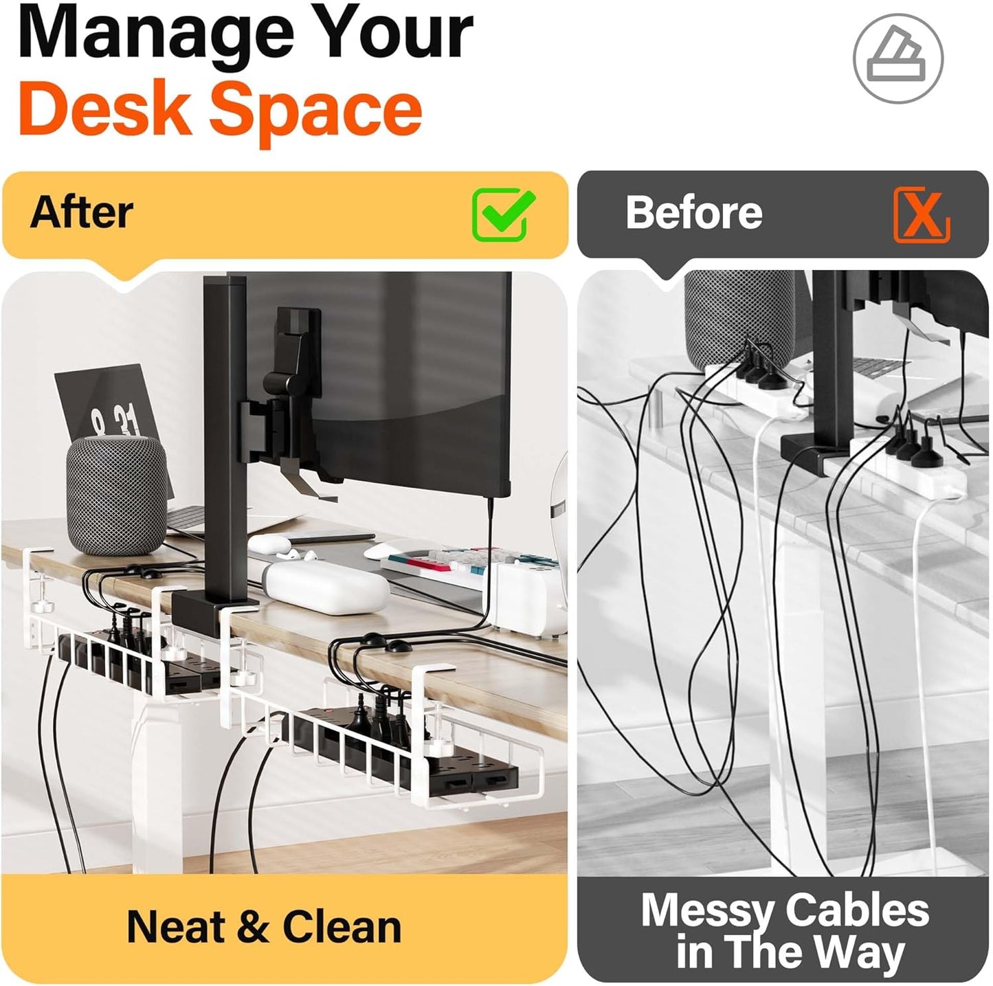 2 Pack Cable Management Under Desk Tray, Xpatee 31.4" No Drill Wire Organizers with Upgraded Clamp, Metal Cord Organization, PC Cable Management Rack, White