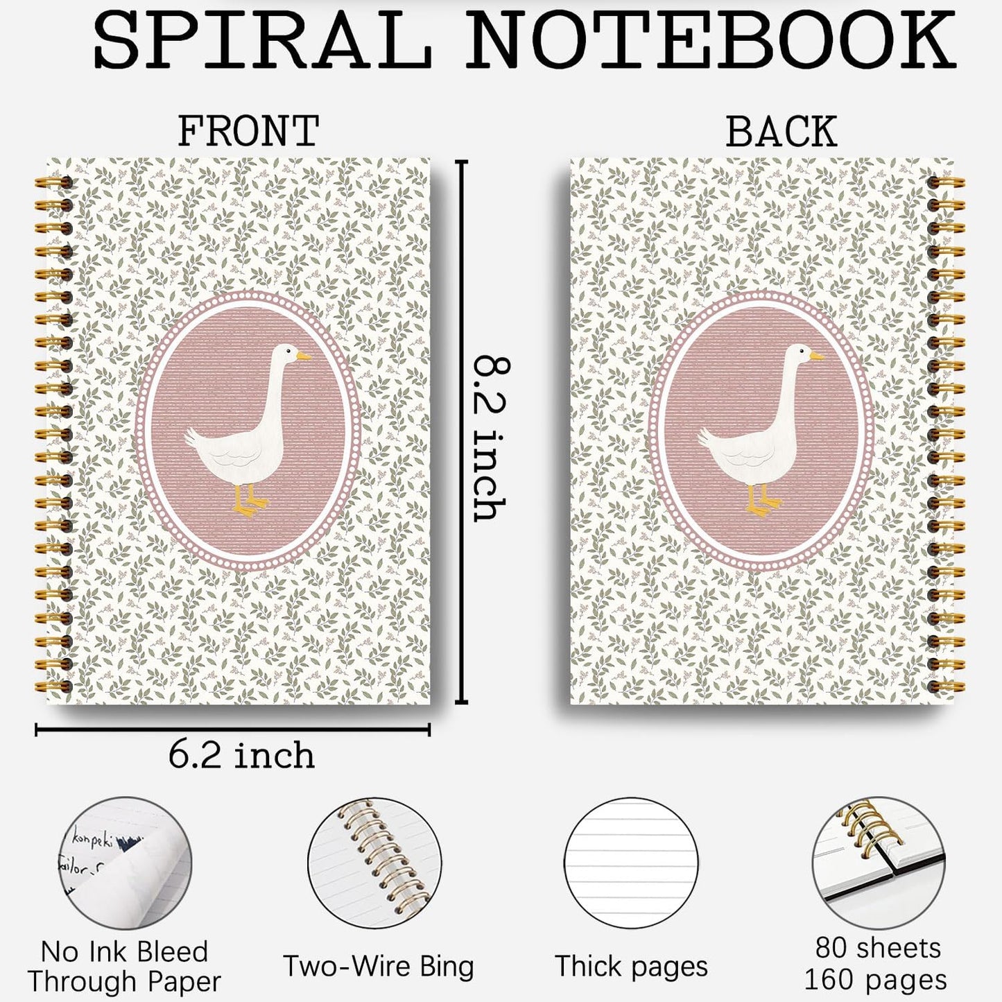 Guymn Vintage Pink Floral Goose Notebook, Cottagecore Botanical Goose Journal for Kids Girls, Geese Animal Lover Gifts Hardcover Spiral Notebooks Journals 5.5x8.3 Inch