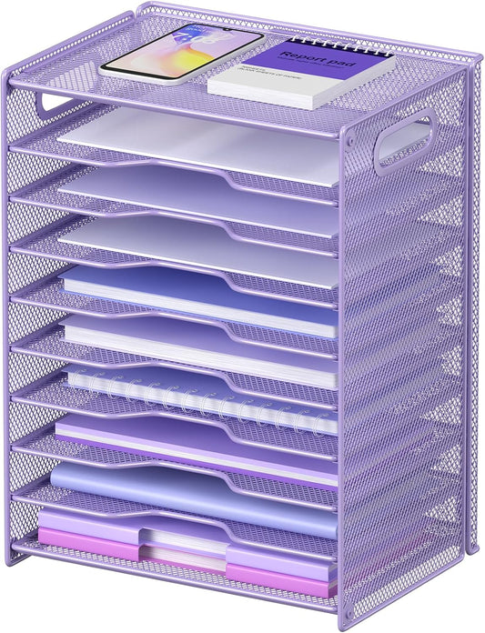 OUTWOLF 10 Tier Paper Organizer - Letter Tray Mesh Desk File Organizer with Handles for Office School Desktop, Purple
