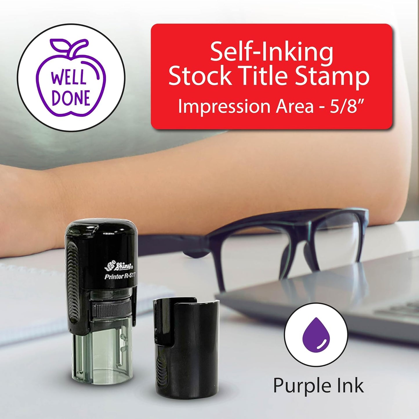 Shiny Well Done Teacher Stamp, Round Self Inking Stamp for Classroom, Purple Ink
