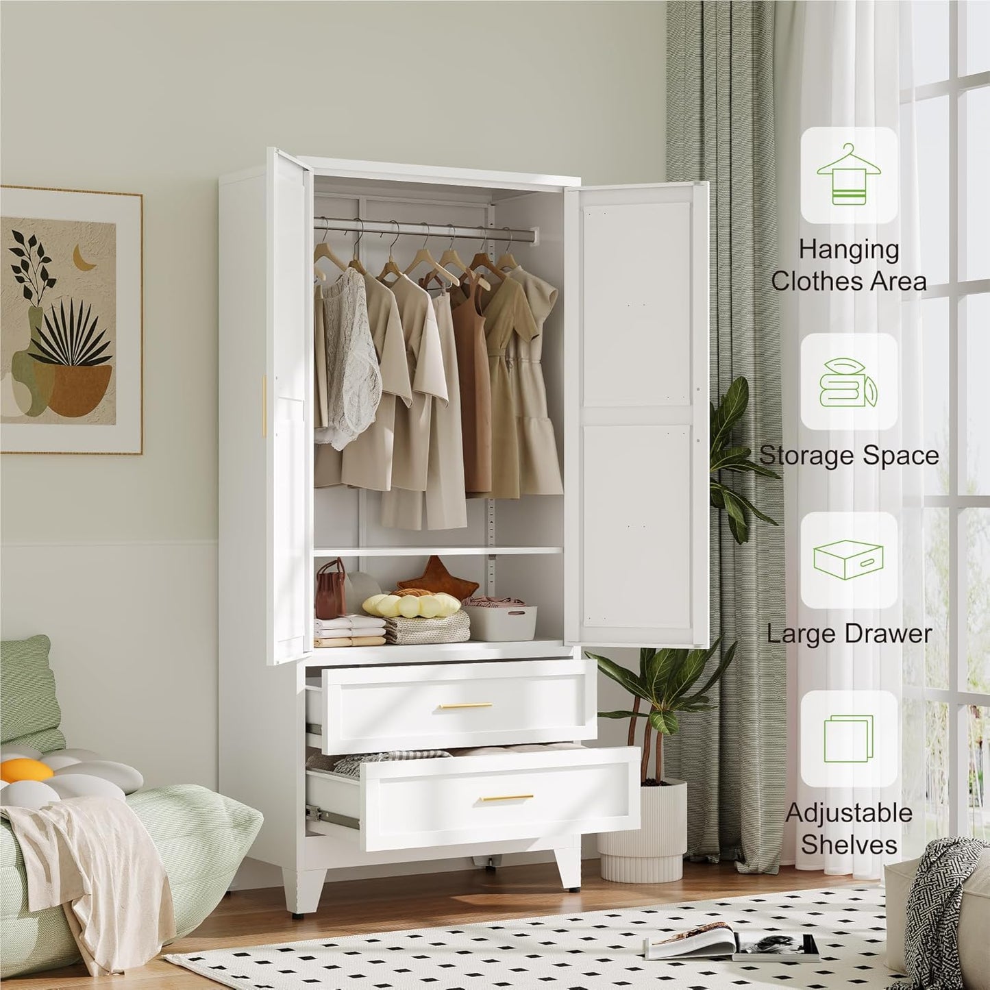 Metal Wardrobe Cabinet with Hanging Rod,71" Armoire Wardrobe Closet with 2 Drawers,Farmhouse Metal Clothing Storage Cabinets with Door and Adjustable Shelves for Bedroom,Laundry Room(White)