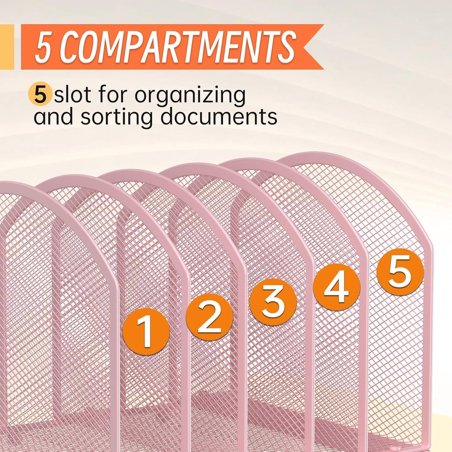 Desk File Organizer 5 Sections Desktop Organizer File Sorter Office Organization File Folder Holder for Office School & Classroom (Pink, 5 Section - 1Pack)