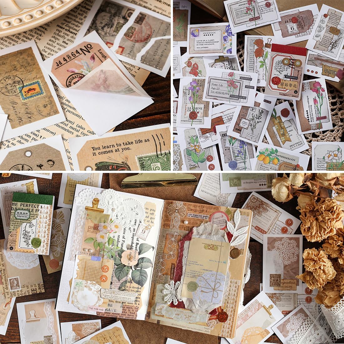 6 Sets 300 Pcs Washi Stickers Book, Vintage Aesthetic Sticker Set for Journaling Scrapbook Decoration Bullet Journal,Stamps Flowers Ticket Theme Stickers for Art Diary Craft Planner