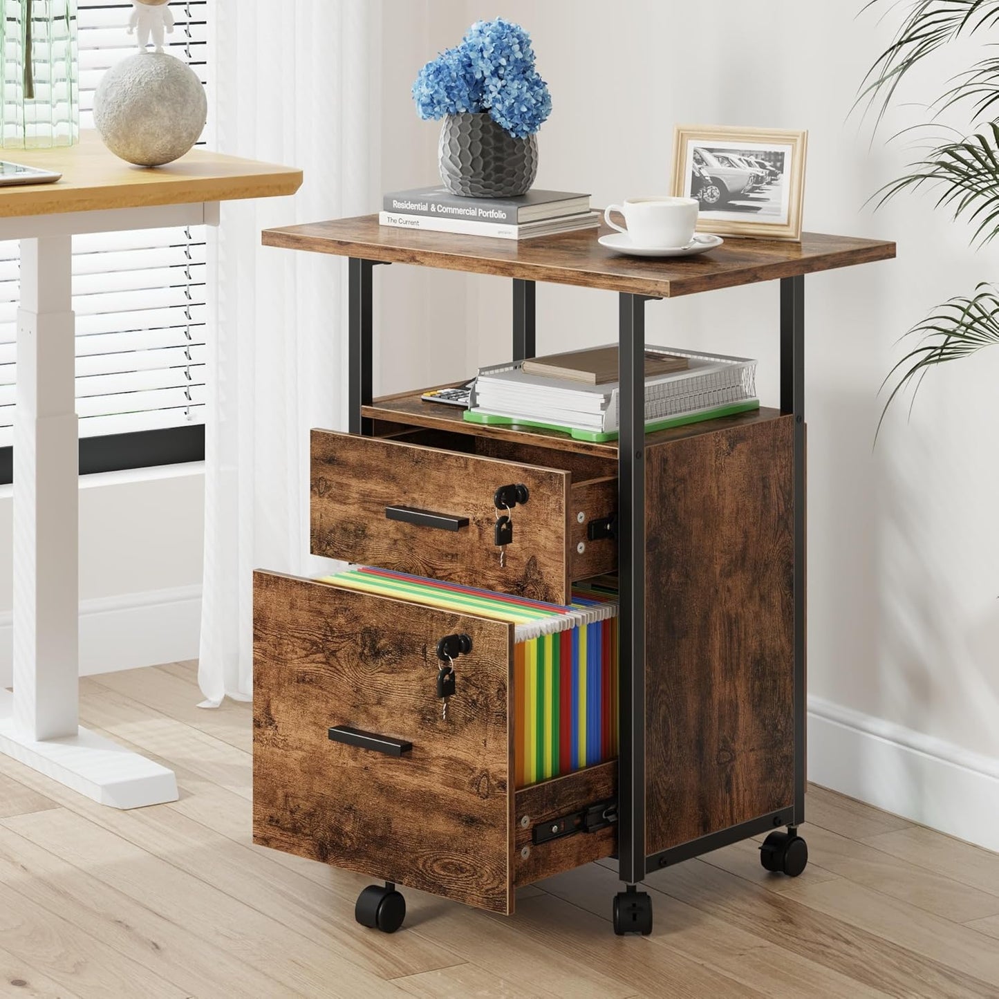 2 Wood Drawer Lockable File Cabinet with 22'' Extended Desktop, Mobile Filing Cabinet with Side Bag, Rolling Printer Stand, Fits A4&Letter Size, Home Office, Rustic Brown