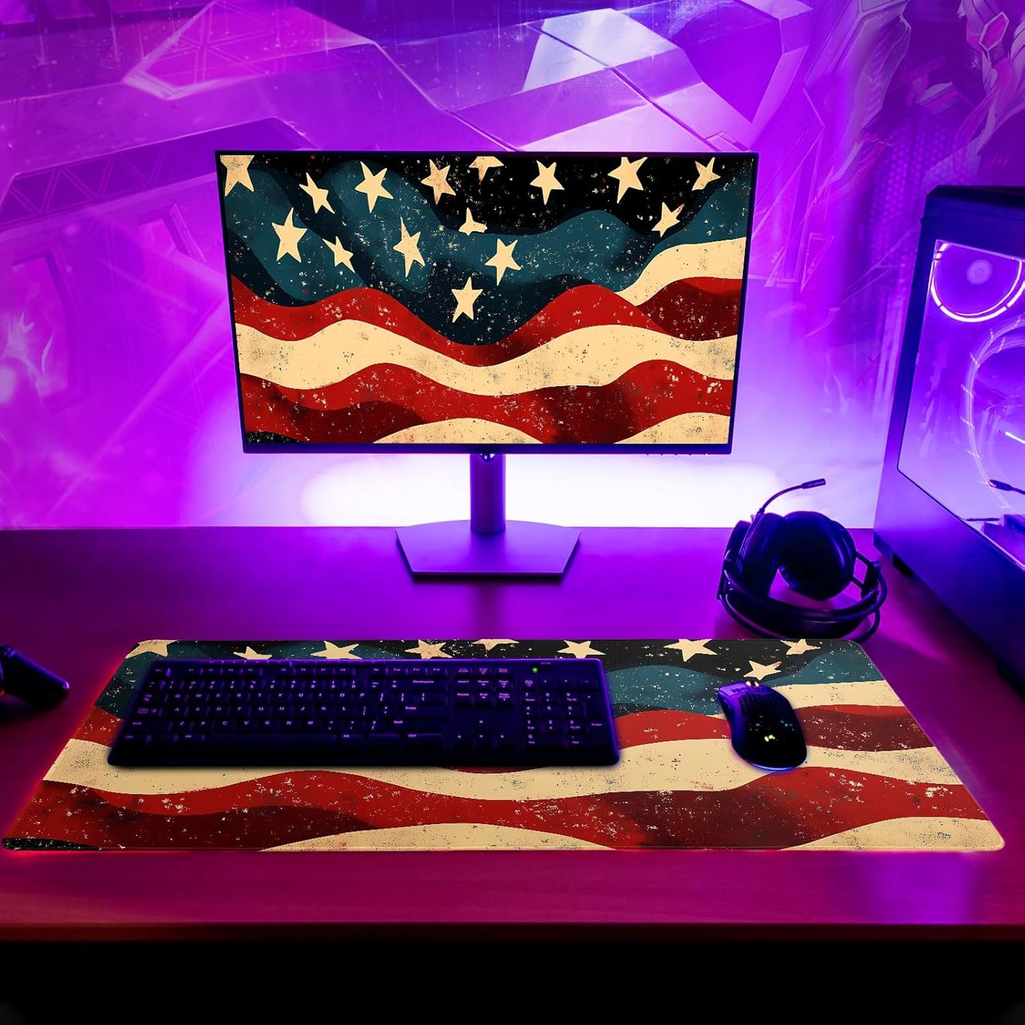 Large Extended Gaming Mouse Pad with Stitched Edges, Non-Slip Waterproof Rubber Base Mouse Pad for Office, Computer, Laptop and Home Desk Pad 31.5x11.8(American Flag Wave)