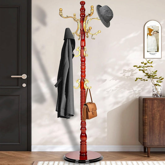 Vintage Free Standing Coat Rack with Disc Base, Solid Wood Coat Hanger Stand with 18 Hooks and 3 Adjustable Size, Standing Coat Rack Tree for Entryway, Bedroom, Hallway, Office, Apartment