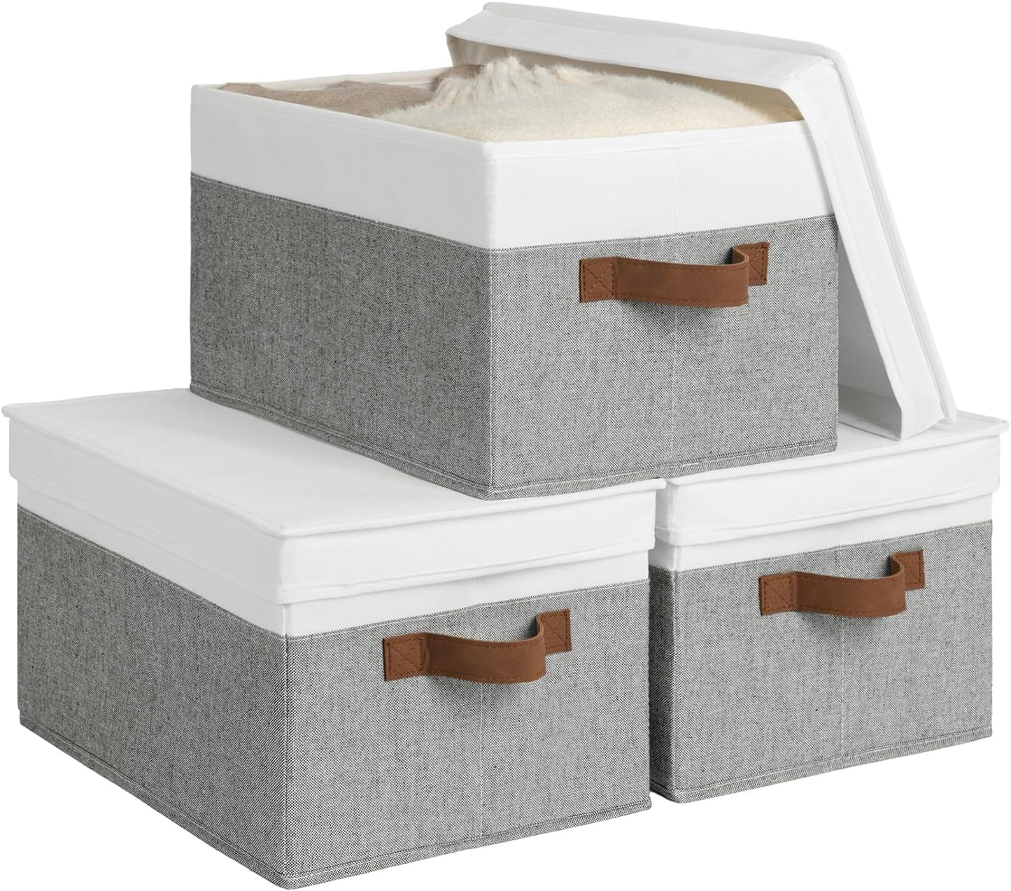StorageWorks Large Storage Bins with Lids, Decorative Storage Boxes with Lid and PU Handles, Foldable Storage Baskets for Closet, Shelves, Stackable, Grey and White, 3-Pack