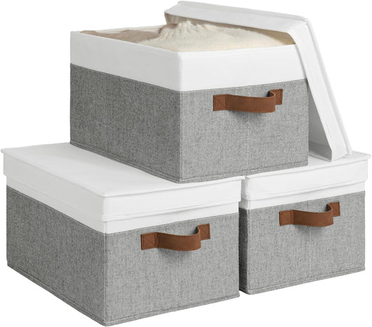 StorageWorks Large Storage Bins with Lids, Decorative Storage Boxes with Lid and PU Handles, Foldable Storage Baskets for Closet, Shelves, Stackable, Grey and White, 3-Pack