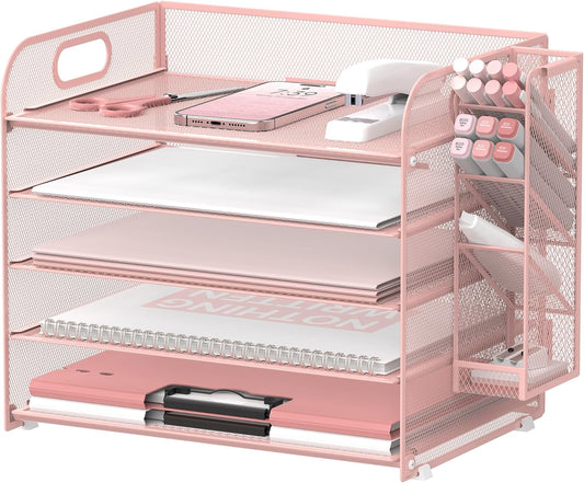 SUPEASY 5 Tier Desk Organizer with Handle & Removable Pen Holders, Mesh Paper/File Organizer for Desk, Paper Letter Tray Organizer for Office Supplies (Pink)