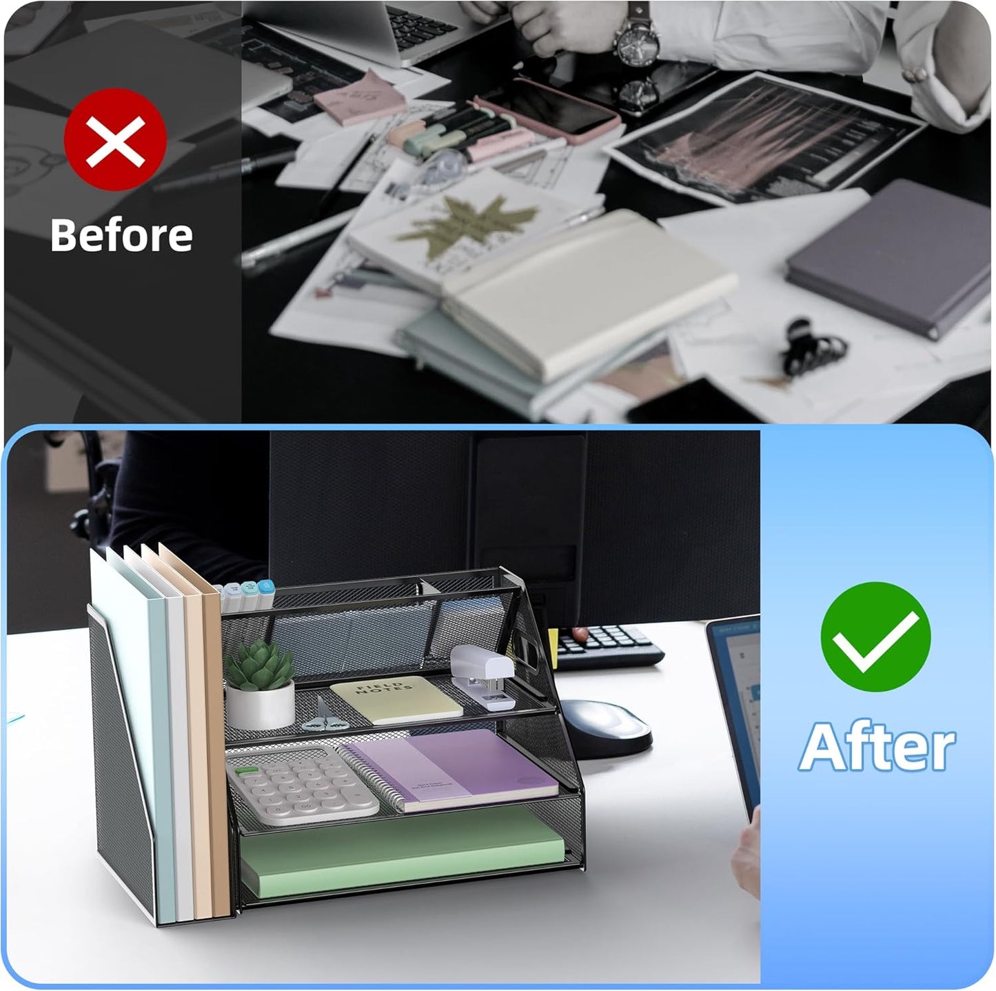 DocNest 3 Tier Paper Letter Tray, Metal Mesh Desk Organizer with Handle Builtin Pen Holder Space Saving Desktop File Storage for Office Supplies Black