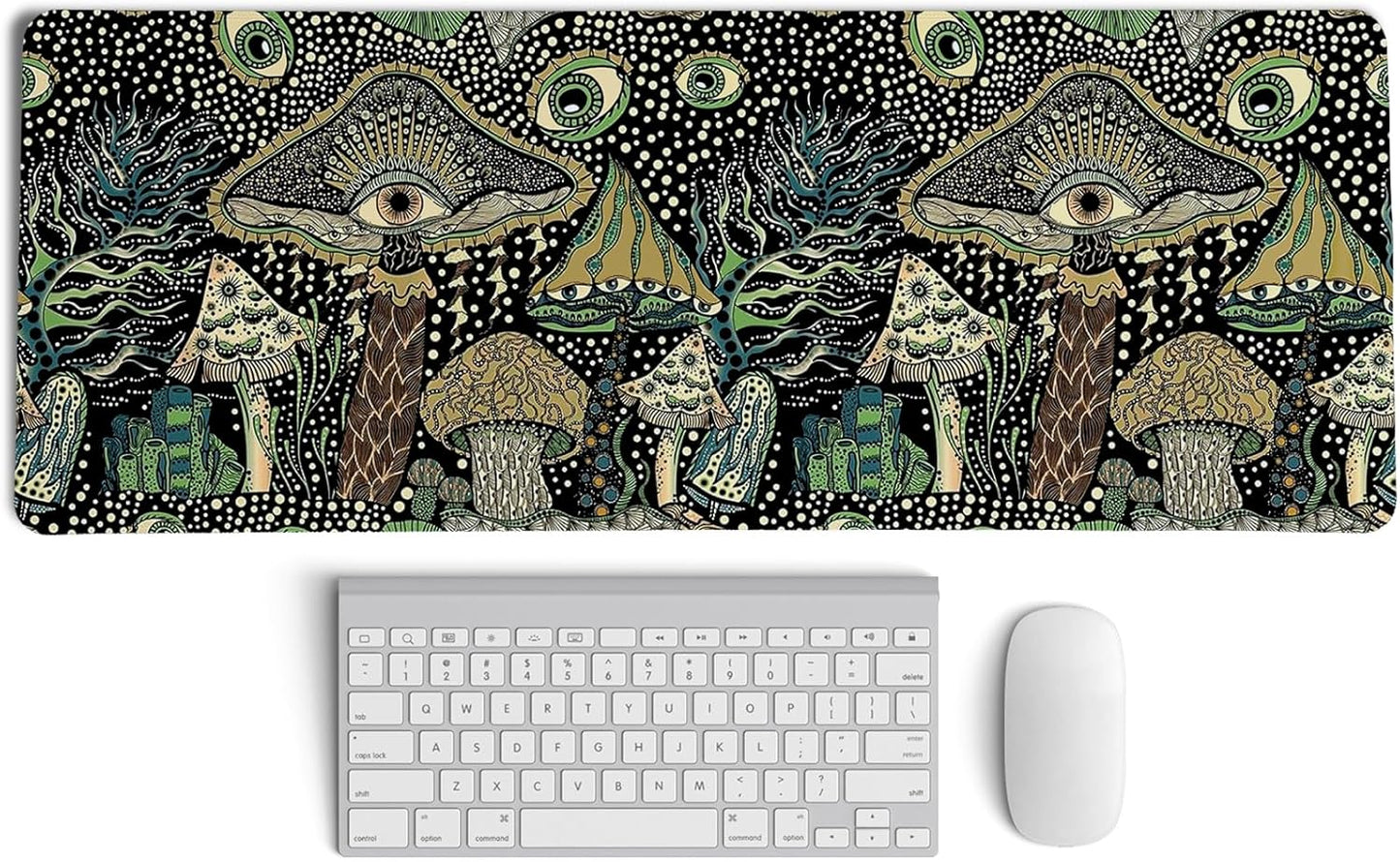 Boho Mushroom Floral Mouse Pad,Dark Green Cottagecore Mushrooms Desk Mat,XL Large Magic Vintage Boho Desk Mat,Summer Style Mouse Pads,for Dorm Home Office Desktop Decor Art,31.5x11.8 Inch