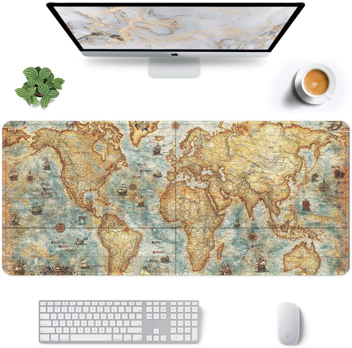 Auhoahsil Large Gaming Mouse Pad, Vintage Map Theme XXL 35.4 x 15.7 in Desk Pad Stitched Non-Slip Rubber Long Computer Mousepad Thin Extended Full Size Desk Mat for Desktop, Laptop, Wireless Mice