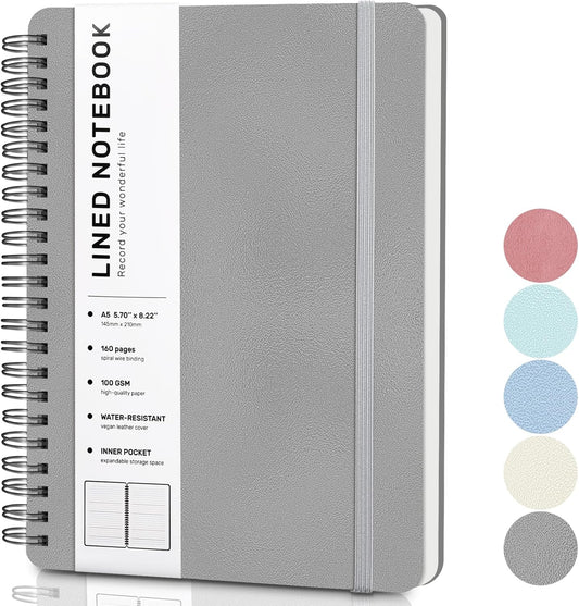 Lined Spiral Journal Notebook, A5 Hardcover Leather Notebook for Work, 5.7''×8.2'', 100GSM Thick Paper Spiral Bound Journaling Notebook for Women Men Office School Note Taking Business, Morandi black