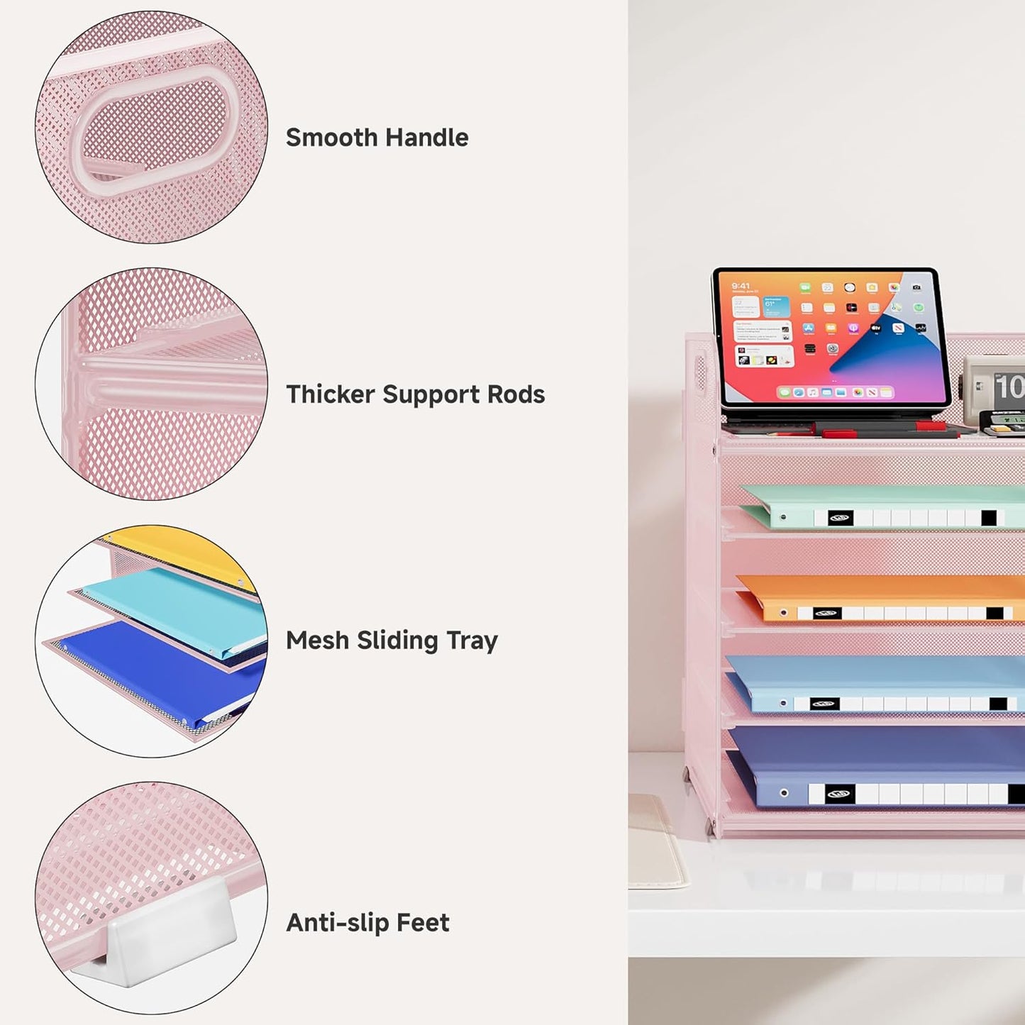 5 Tier Paper Organizer with Handle, Metal Mesh Desk Organizer File Folder Paper Letter Tray Desktop Document Sorter for Classroom, School, Office Accessories Organization and Storage - Pink