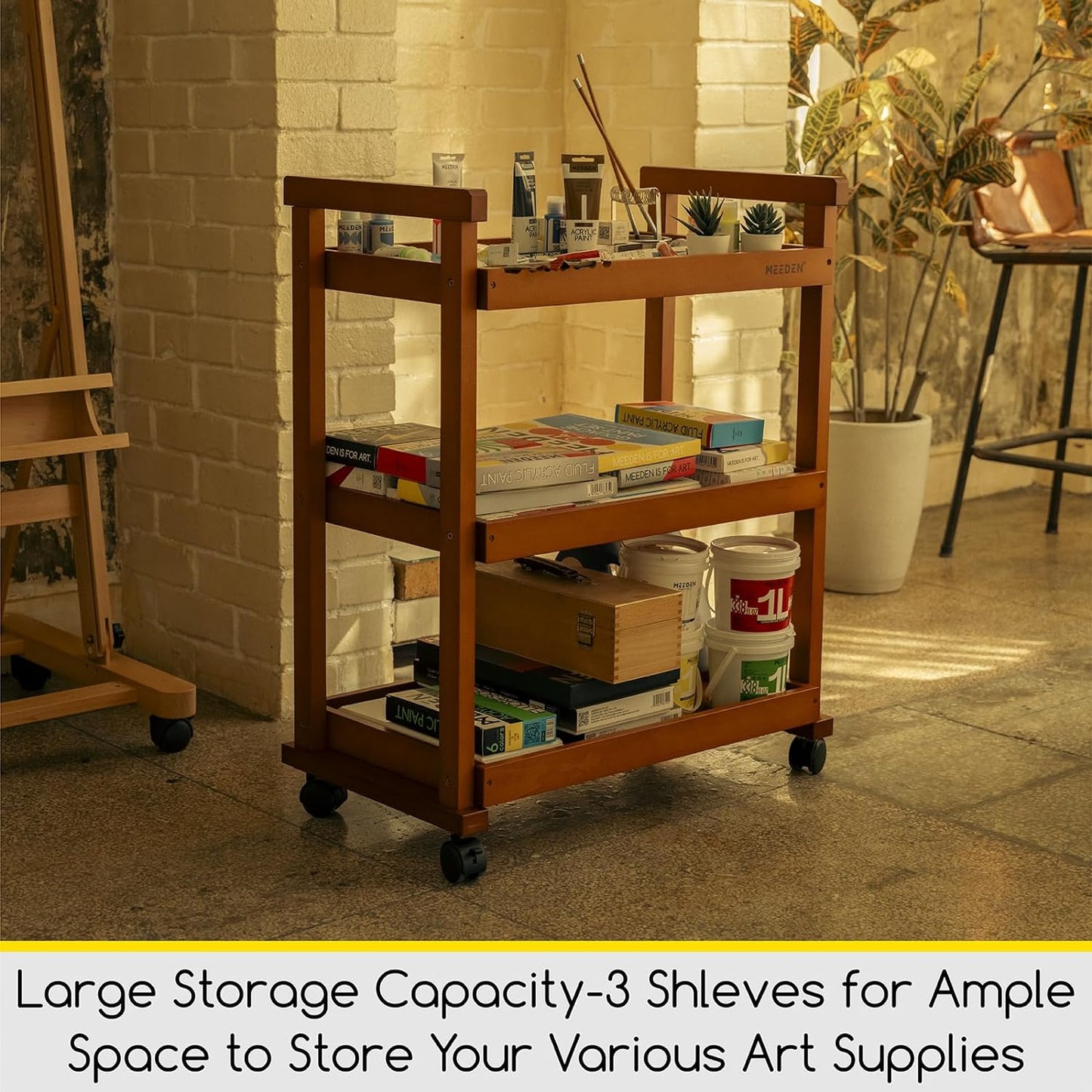 MEEDEN Art Supplies Cart, Walnut 3-Tier Multifunctional Art Storage Cart Organizer, Solid Beech Wood Studio Cart Art Taboret with Caster Wheels, Rolling Utility Cart Organizer for Artist