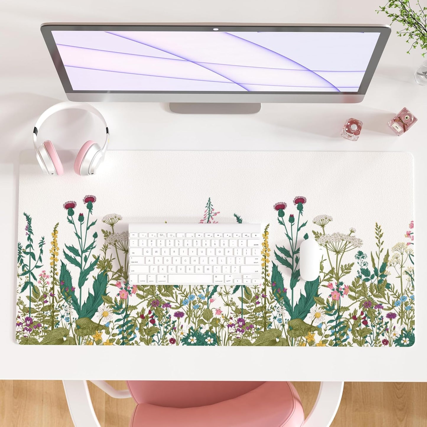 QIYI Large Mouse Pad, Floral Desk Mat for Desktop, Wildflowers Herbs PU Leather Waterproof Gaming Mousepad, Computer Laptop Desk Accessories Protector Writing Pads for School Office Home 31.5" x 15.7"