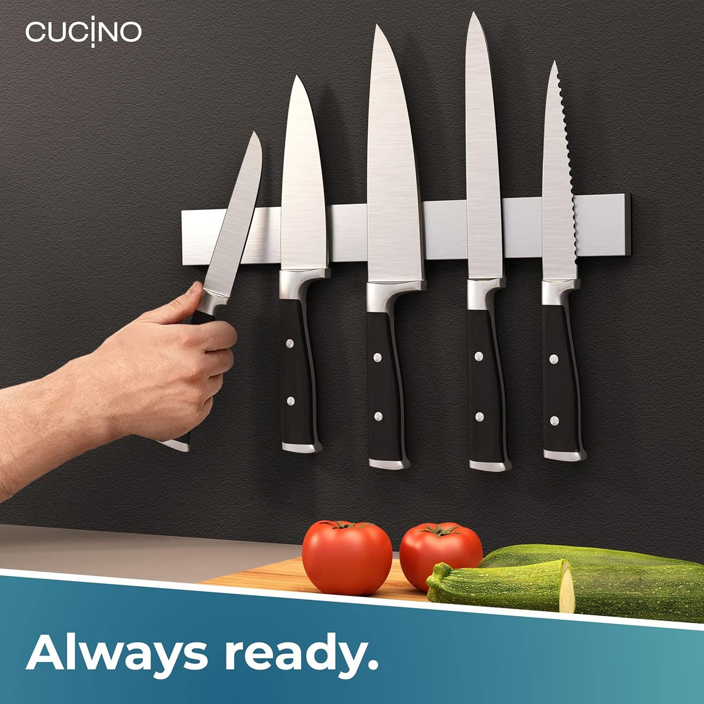 CUCINO Magnetic Knife Holder for Wall 16" - No Drilling incl. Self Adhesive Tape - Extra strong Magnet - Awarded Strip - Made of Stainless Steel