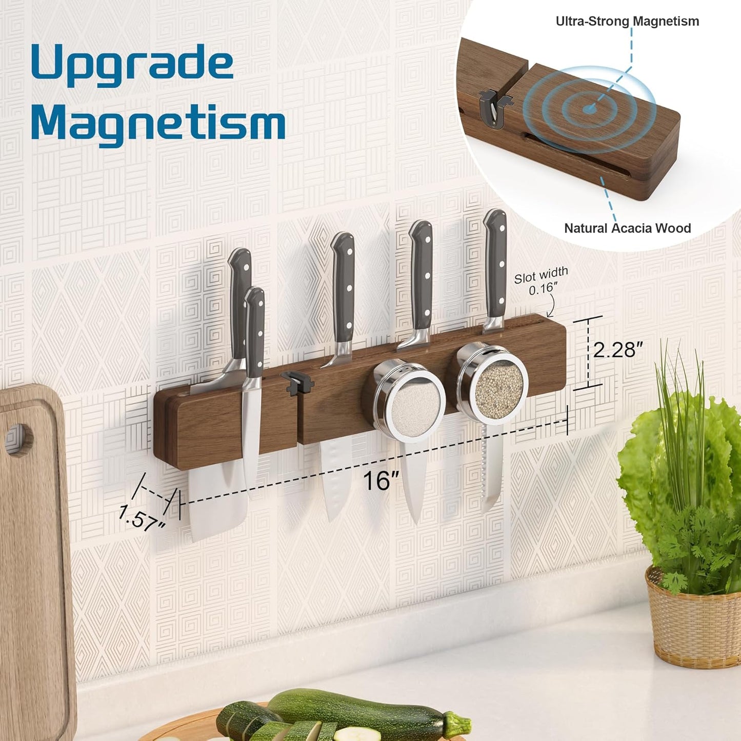 Magnetic Knife Holder for Wall, Acacia Wood Knife Magnetic Strip No Drill Knife Magnet Storage Bar Magnetic Tool Key Holder Strip for Kitchen Utensil Organizer (Dark Brown, 16 Inch Large)