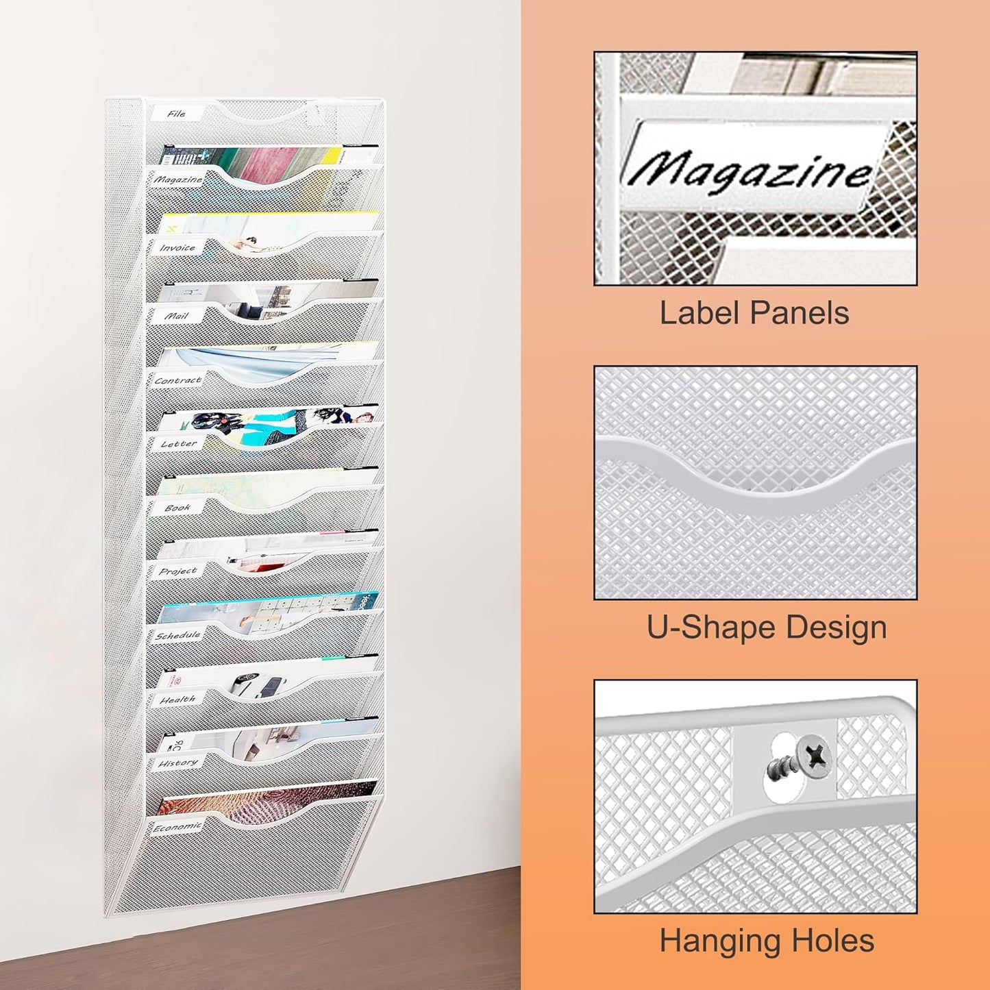 12 Tier Hanging Wall File Holder, Metal A4 Wall Mounted Document Holder, Vertical Hanging Mail Organizer, Magazine Storage Rack for Office Home Classroom, White