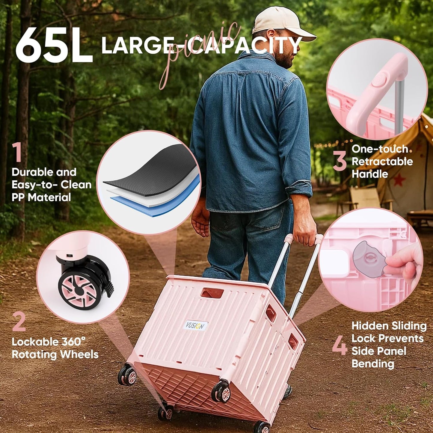 VUSIGN Folding Utility Cart, Foldable Rolling Crate Handcart with Lid, Portable Collapsible Shopping Trolley Tool Box, 4 Rotate Wheels for Grocery, Office, Travel, Teacher, Luggage, Pink