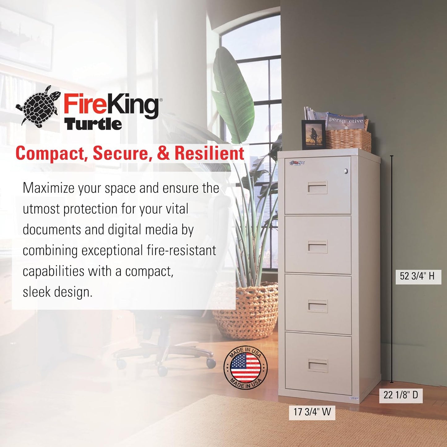 FireKing Turtle Vertical 4 Drawer Legal and Letter Fire Safe File Cabinet with Key Lock, 1 Hour Fire Rated, UL Rated & Water Resistant Home Safe, Filing Cabinet, Made in The USA, Parchment