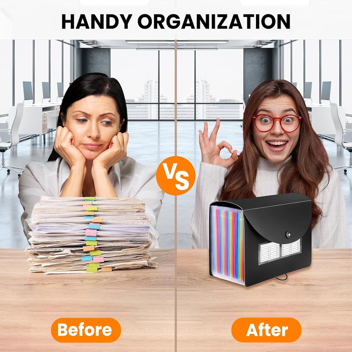 Sooez 24 Pockets Expanding File Folder with Blank Labels, According File Organizer with Expandable Cover, Desktop Accordion Folders Letter A4 Paper Document Storage Organizer, Black