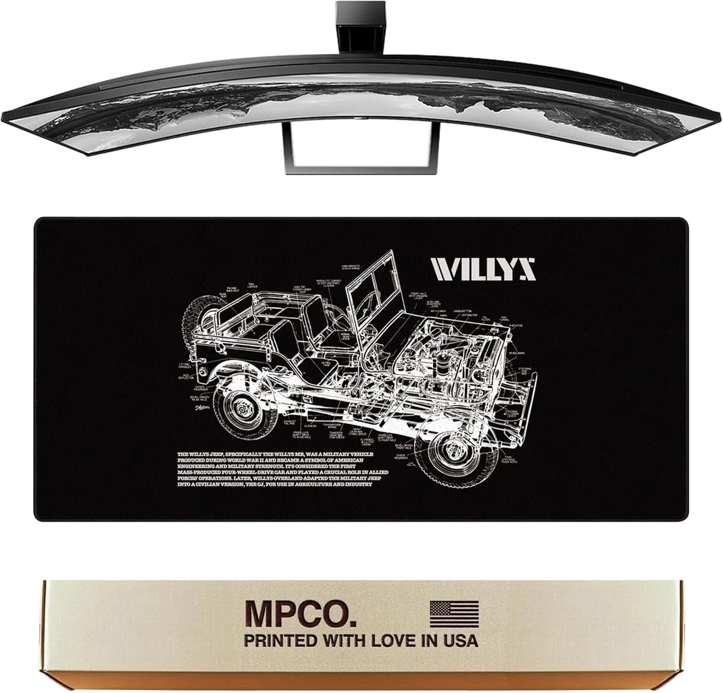 MPCO. Blueprints Large Gaming Desk Pad - 36" x 17" Aeroglyde Fabric Willys Jeep – Black Desk Mats - Non-Slip, Washable, Smooth Glide for Precision Gaming & Work