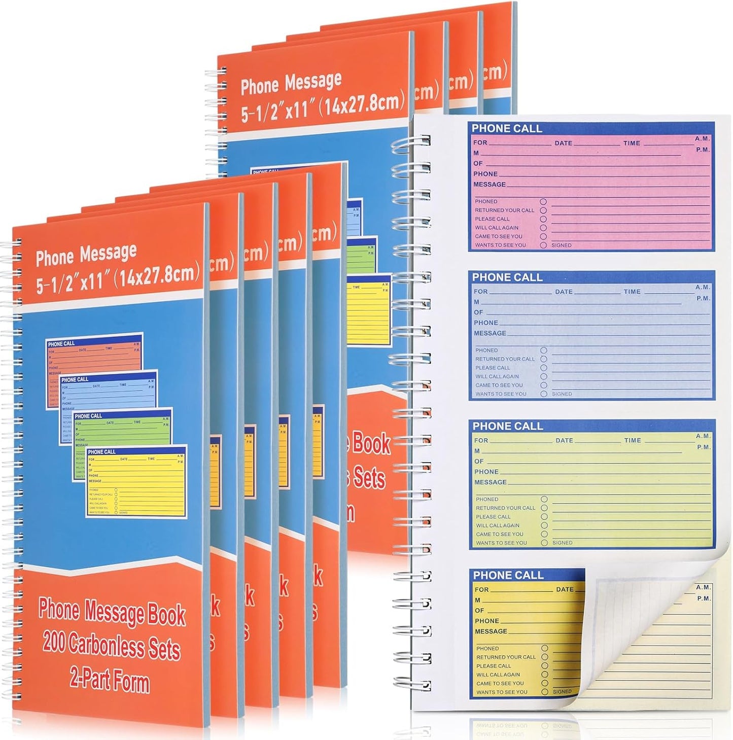 10 Pcs Spiral Bound Phone Message Book 5-1/2" x 11" 2 Part Colorful Carbonless Phone Message Pads 4 Messages Per Page Carbon Copy Notebook Spiral Phone Call Log Book for Business Office