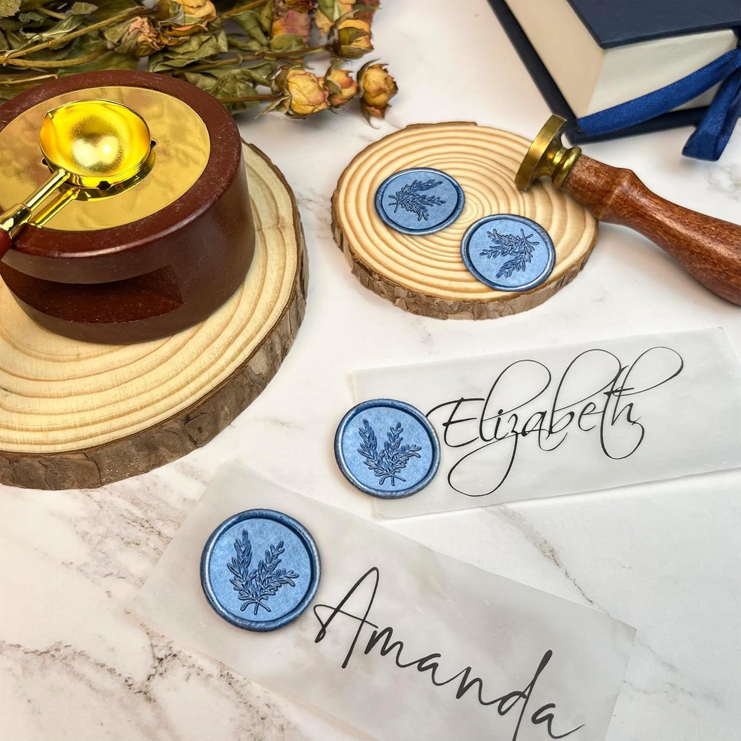 50Pcs Wax Seal Stickers Handmade Envelope Seals Self Adhesive Wax Stickers for Wedding Party Invitations, Envelope, Gift Wrap, Christmas(Rosemary Style, Blue)