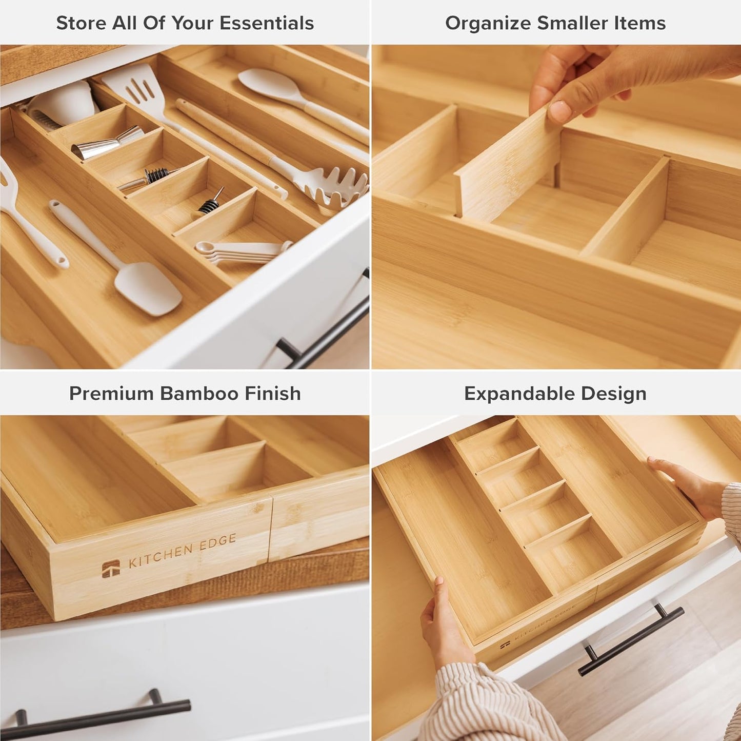 Adjustable Kitchen Drawer Organizer for Utensils and Junk, Food-Safe Contract Grade with 100% Sustainable Wood, Expandable from 16 to 28 Inches Wide - Natural Bamboo