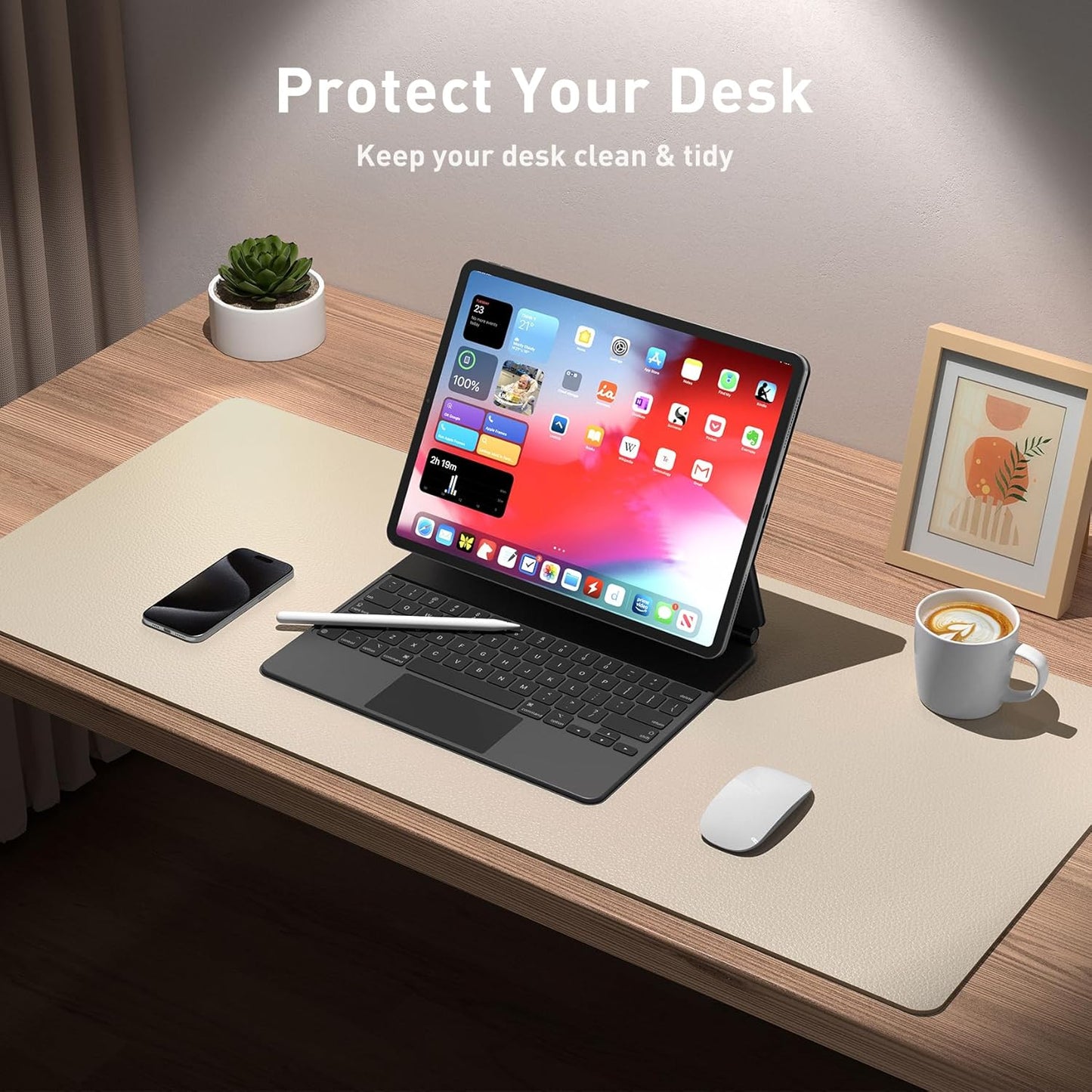 Aothia Leather Desk Pad Protector, Office Desk Mat, Large Mouse Pad, Non-Slip PU Leather Desk Blotter, Laptop Desk Pad, Waterproof Desk Writing Pad for Office and Home (48"x17", Beige)