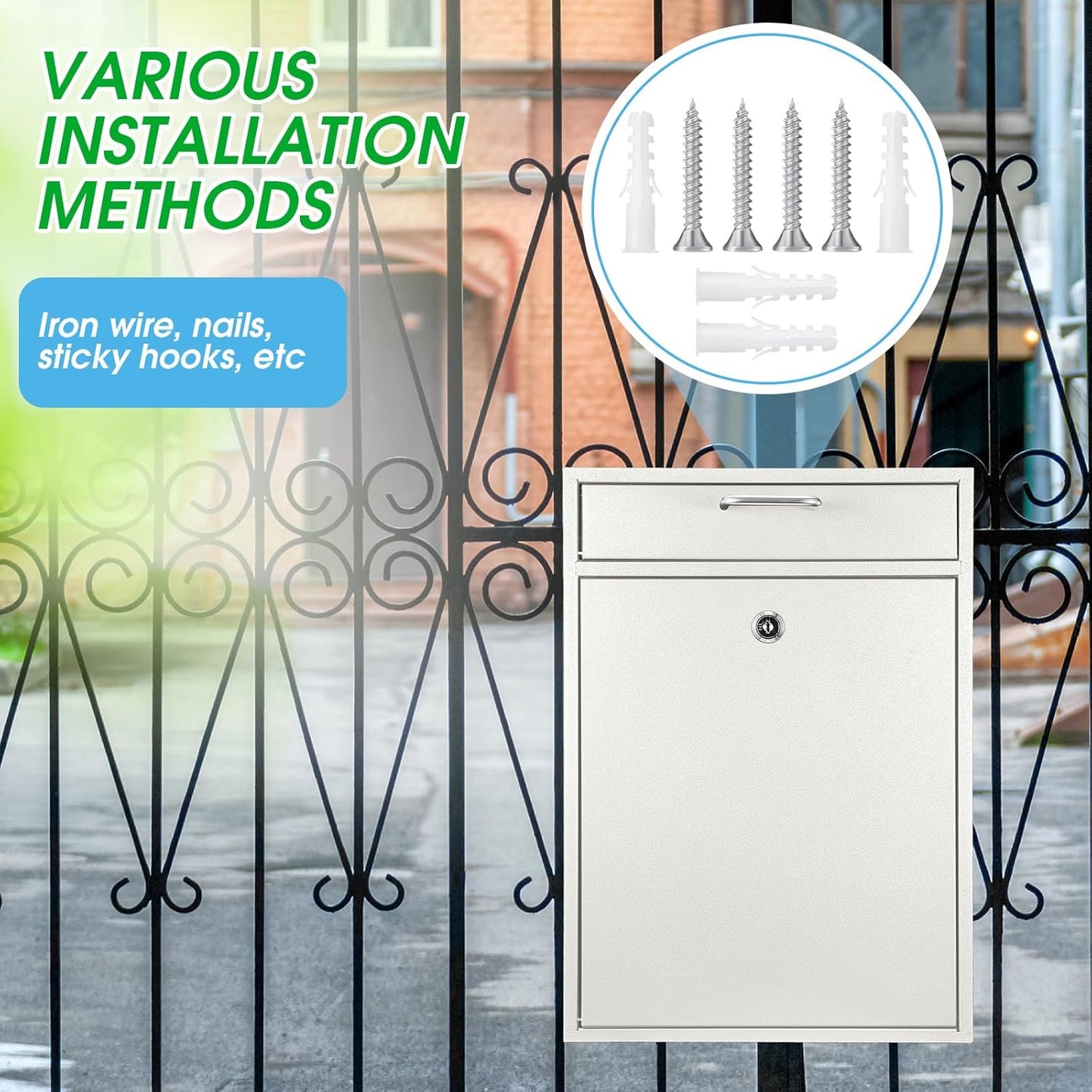 Locking Mailbox with Key for Outdoor 16.2 x 11.2 x 4.7 Inches Large Wall Mount Mail Box with Lock Security Mail Drop Metal Collection Boxes Hanging Secure Postbox(Creamy White)