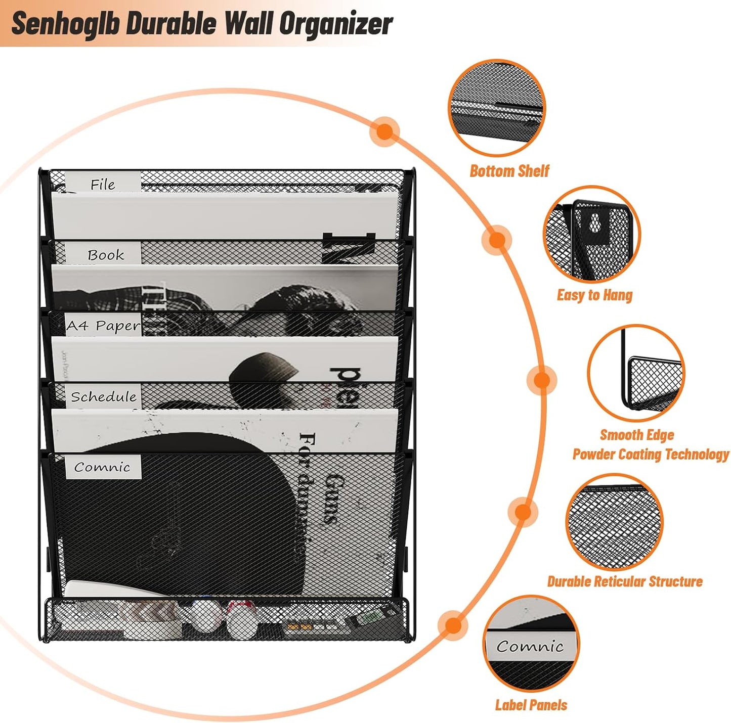 6 Tier File Wall Mounted Magazine Rack with Tray Mesh A4 Paper Organiser Mail Holder Storage No-Side, Black