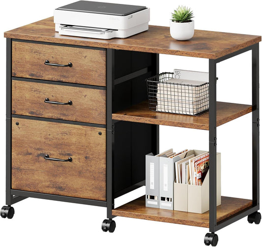 3 Drawer File Cabinet with Wheels Rolling Printer Stand with Open Storage Shelf Fabric Lateral Filing Cabinet for Home Office,Rustic Brown2