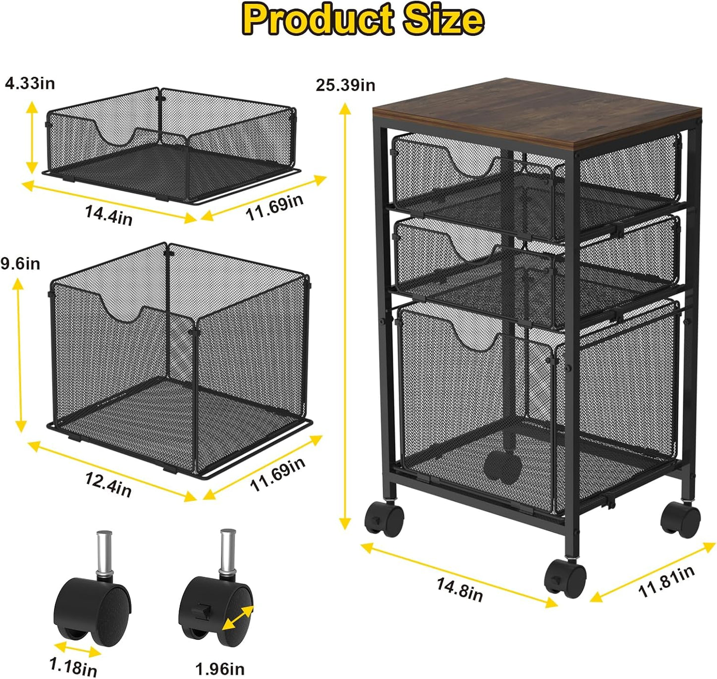 Rolling File Cart with 3 Storage Drawers, Wood & Mesh Hanging File Folder Organizer with Wheels Under Desk, File Cabinets for Home Office, 11.81" D x 14.8" W x 25.39" H, Black