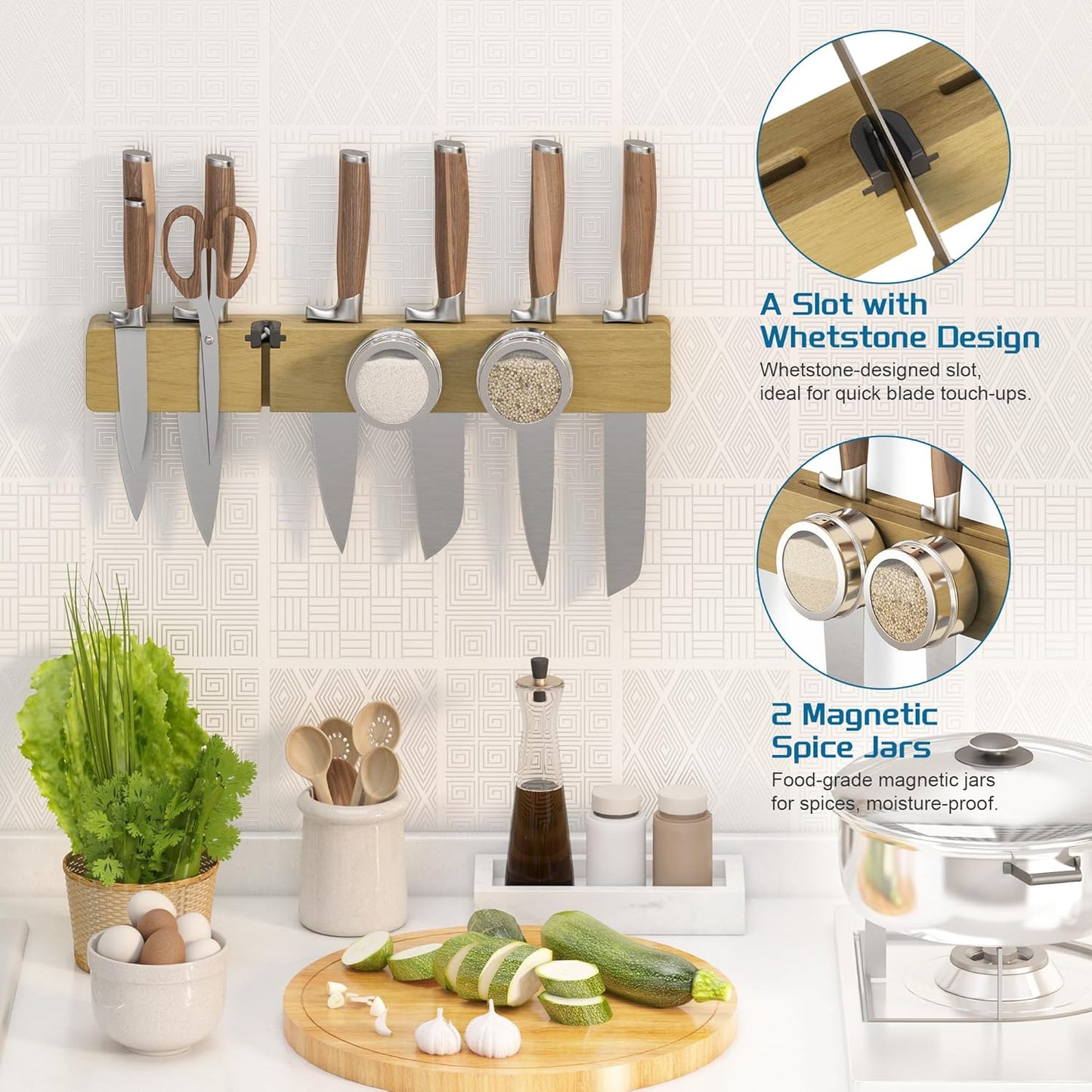 Magnetic Knife Holder for Wall, Acacia Wood Knife Magnetic Strip No Drill Knife Magnet Storage Bar Magnetic Tool Key Holder Strip for Kitchen Utensil Organizer (Light Brown, 16 Inch Large)