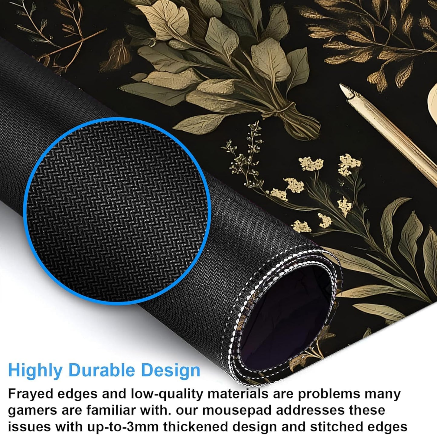 Desk Mat, Black Mystical Green Plant Skull Large Gaming Mouse Pad with Non-Slip Base Stitched Edges,Desk pad for Keyboard and Mouse Home Office 35.4"x15.7"