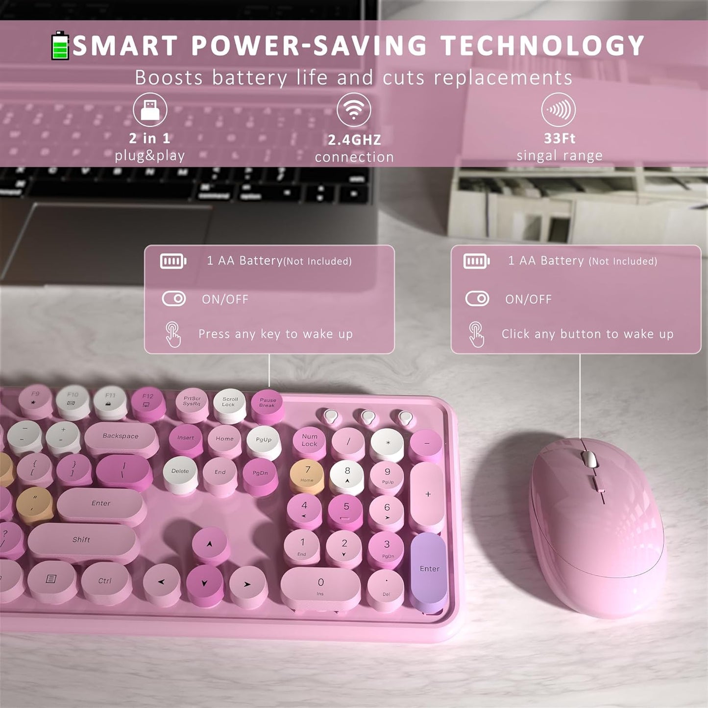 Wireless Keyboard and Mouse, Full-Size Retro Typewriter Keyboard with Round Keycaps, 2.4GHz for Windows, Mac, Laptop, PC, Desktop (Pink Colorful)