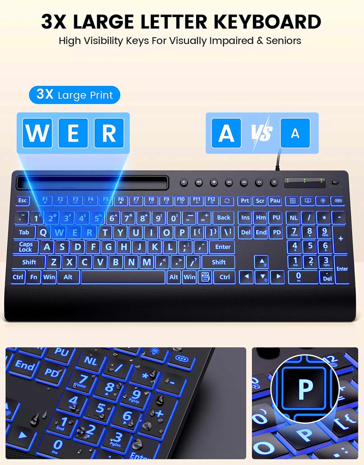 SABLUTE Large Print Backlit Keyboard, USB Wired Computer Keyboard with Backlight Memory Function, Wrist Palm, 7-Color Lighted Office Home Keyboards,Light Up Keyboard for Windows Desktop, Laptop, PC