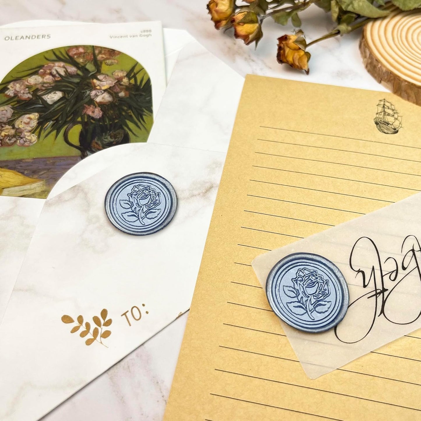 25Pcs Wax Seal Stickers Handmade Envelope Seals Self Adhesive Wax Stickers for Wedding Party Invitations, Envelope, Gift Wrap, Christmas(Rose Style, Gray Blue)