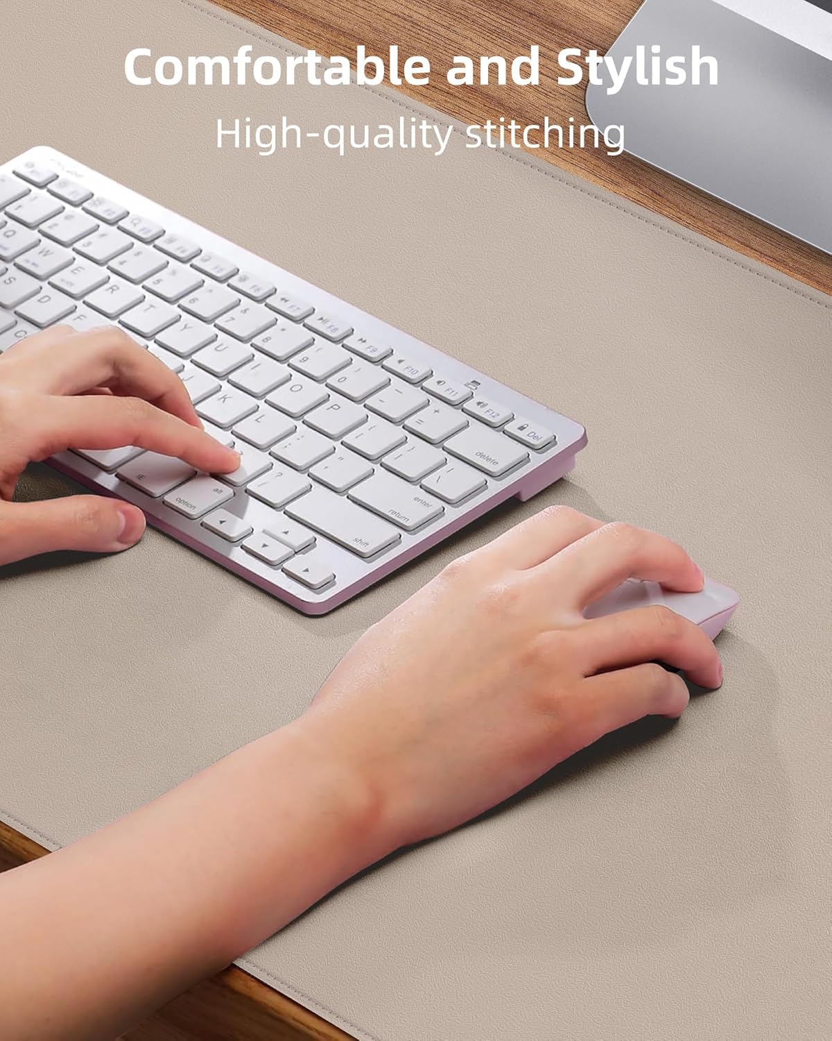Large Desk Mouse Pad Protector, Stitched Locking Edge Non-Slip PU Leather Desk Mat Laptop Table Pad Blotter, Waterproof Durable Writing Pad for Office and Home (Beige, 90 x 43cm)