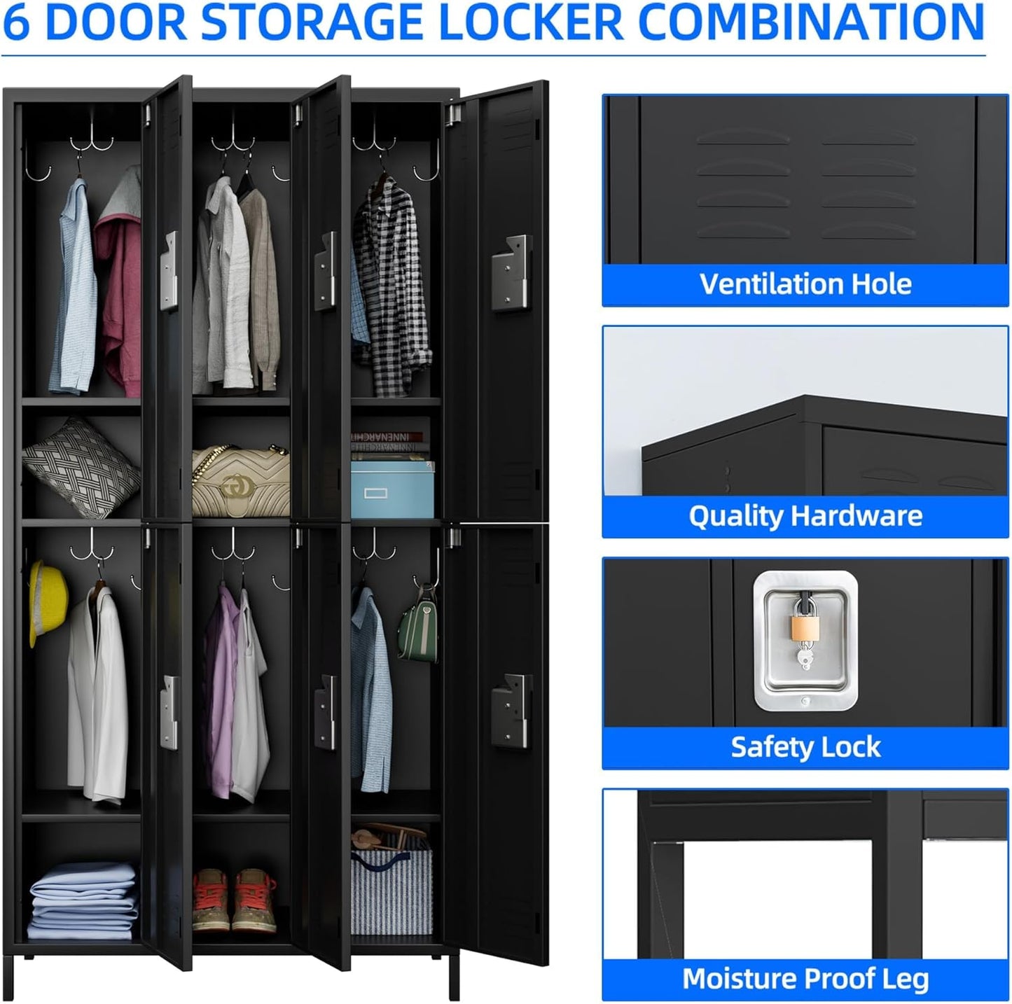 6 Doors Metal Lockers for Employees with Lock, Metal Locker with 18 Hooks for School Garage Office Gym Home,Assembly Required,Black
