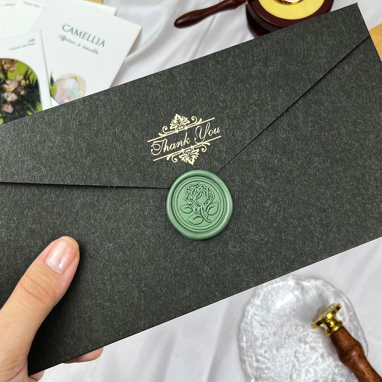 50Pcs Wax Seal Stickers Handmade Envelope Seals Self Adhesive Wax Stickers for Wedding Party Invitations, Envelope, Gift Wrap, Christmas(Rose Style, Olive Green)